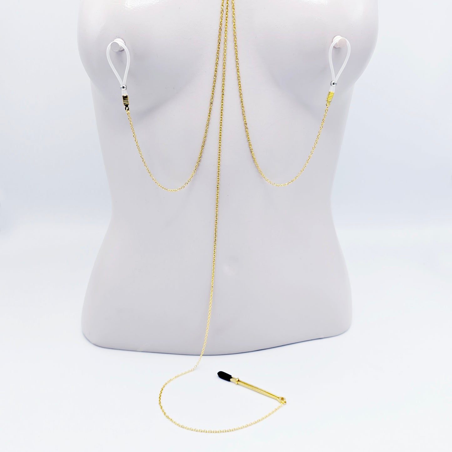 Gold Triple Clamp Tri Circle Necklace to Nipples and Clit. Featuring a Tweezer Clitoral Clamp and Your Choice of Nipple Attachment.