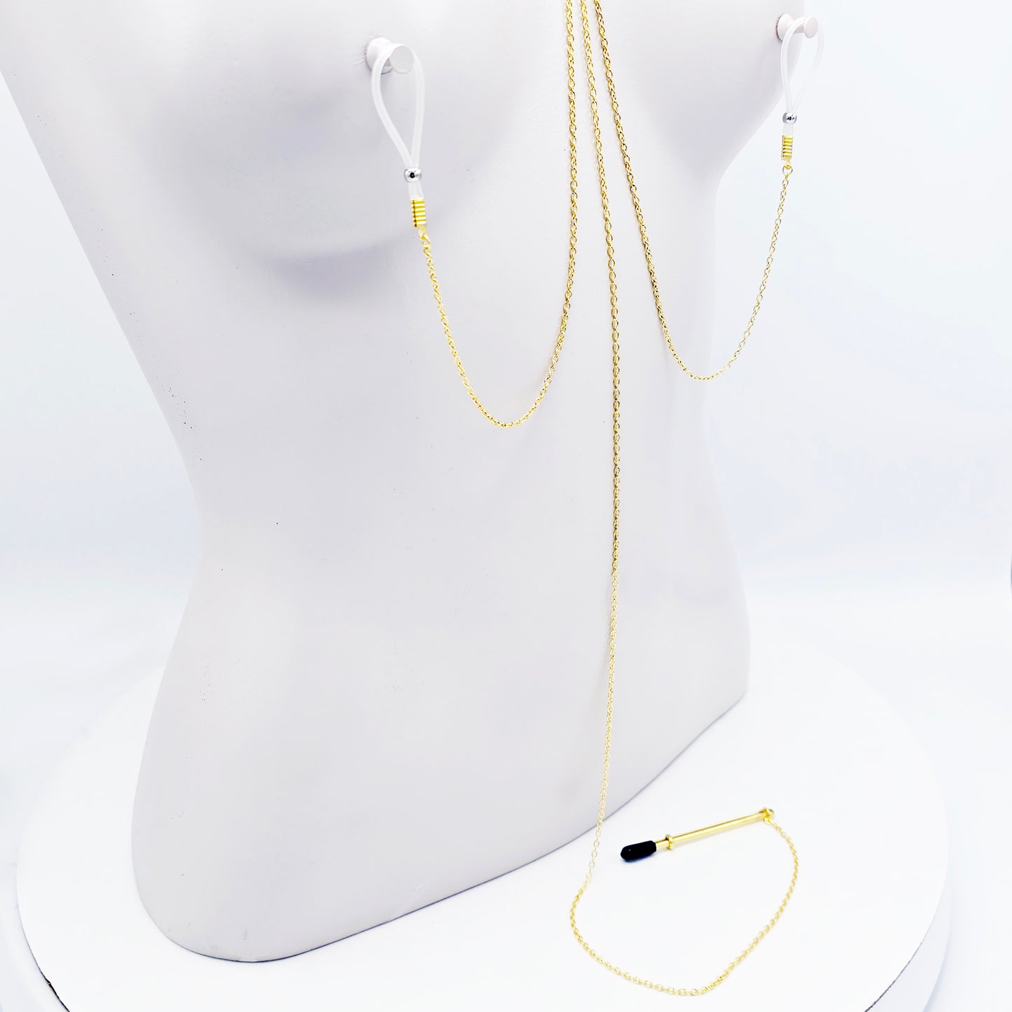 Gold Triple Clamp Tri Circle Necklace to Nipples and Clit. Featuring a Tweezer Clitoral Clamp and Your Choice of Nipple Attachment.