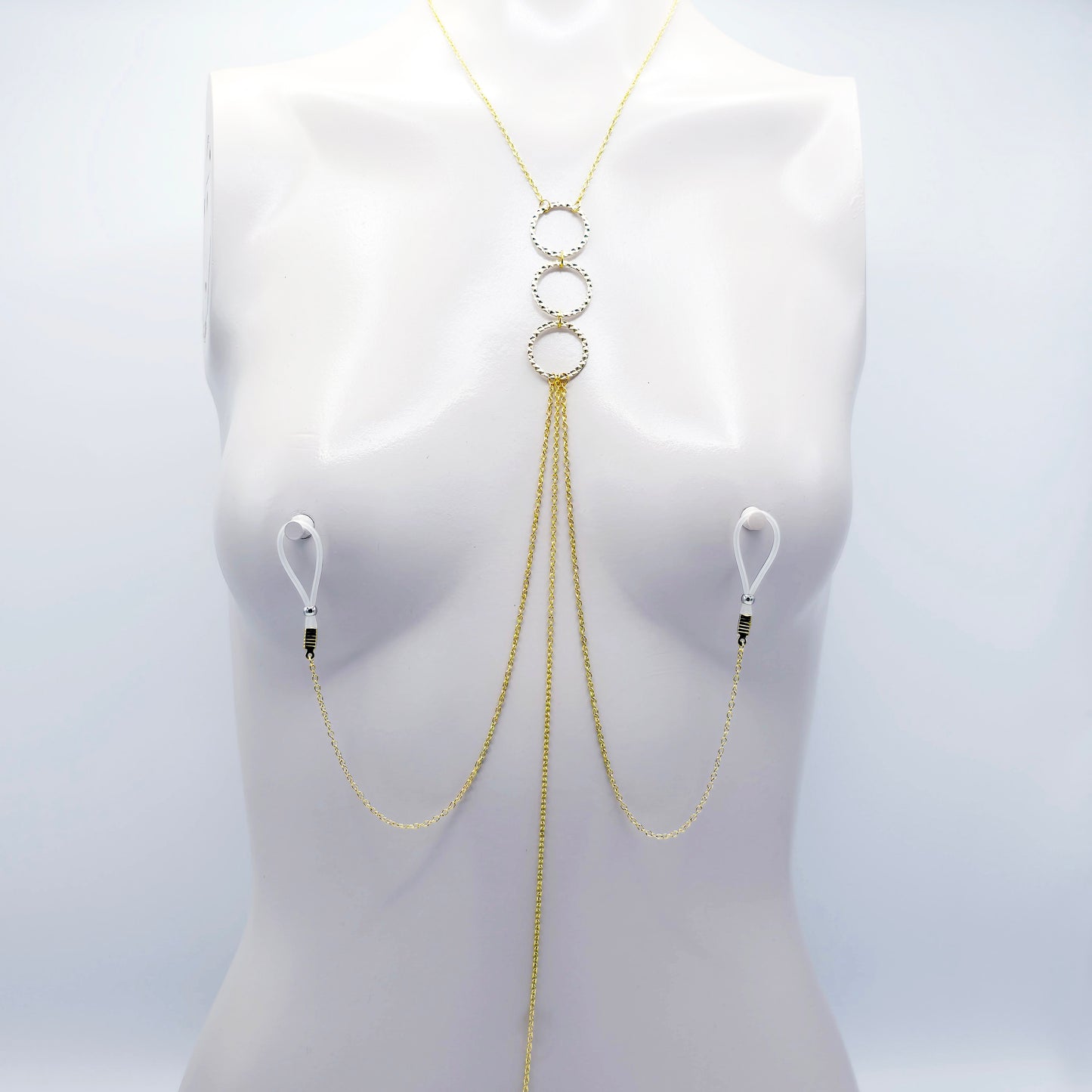 Gold Triple Clamp Tri Circle Necklace to Nipples and Clit. Featuring a Tweezer Clitoral Clamp and Your Choice of Nipple Attachment.