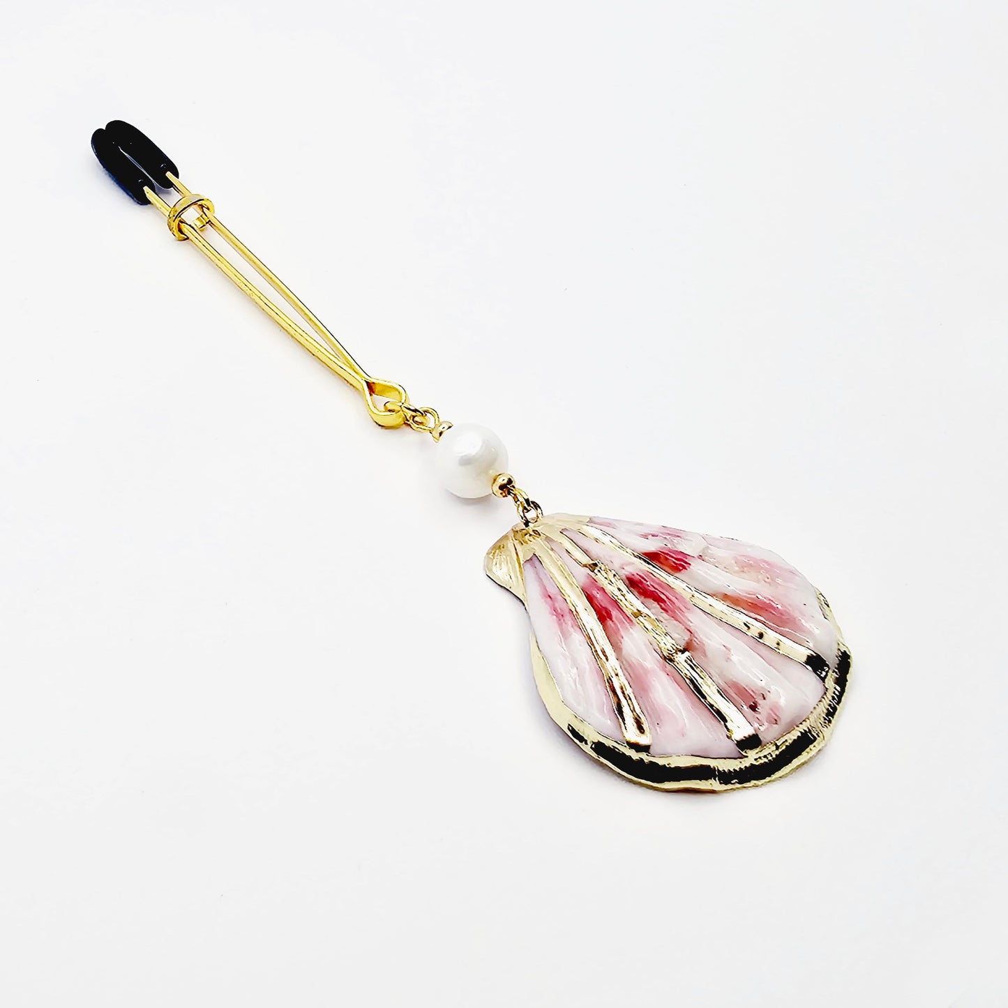 Gold Clit Clamp. Elegant Tweezer Clitoral Clamp with Seashell and Pearl Bead.