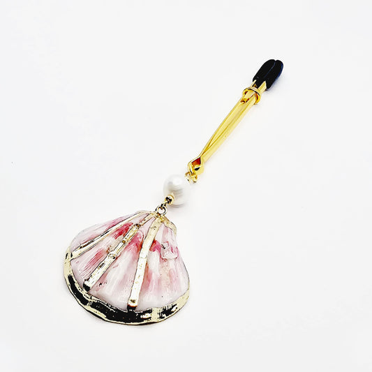 Gold Clit Clamp. Elegant Tweezer Clitoral Clamp with Seashell and Pearl Bead.