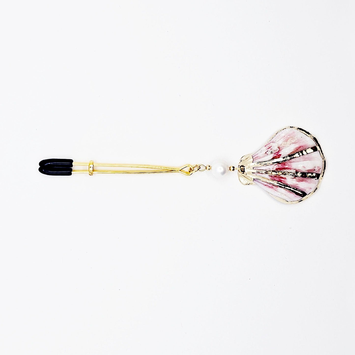 Gold Clit Clamp. Elegant Tweezer Clitoral Clamp with Seashell and Pearl Bead.