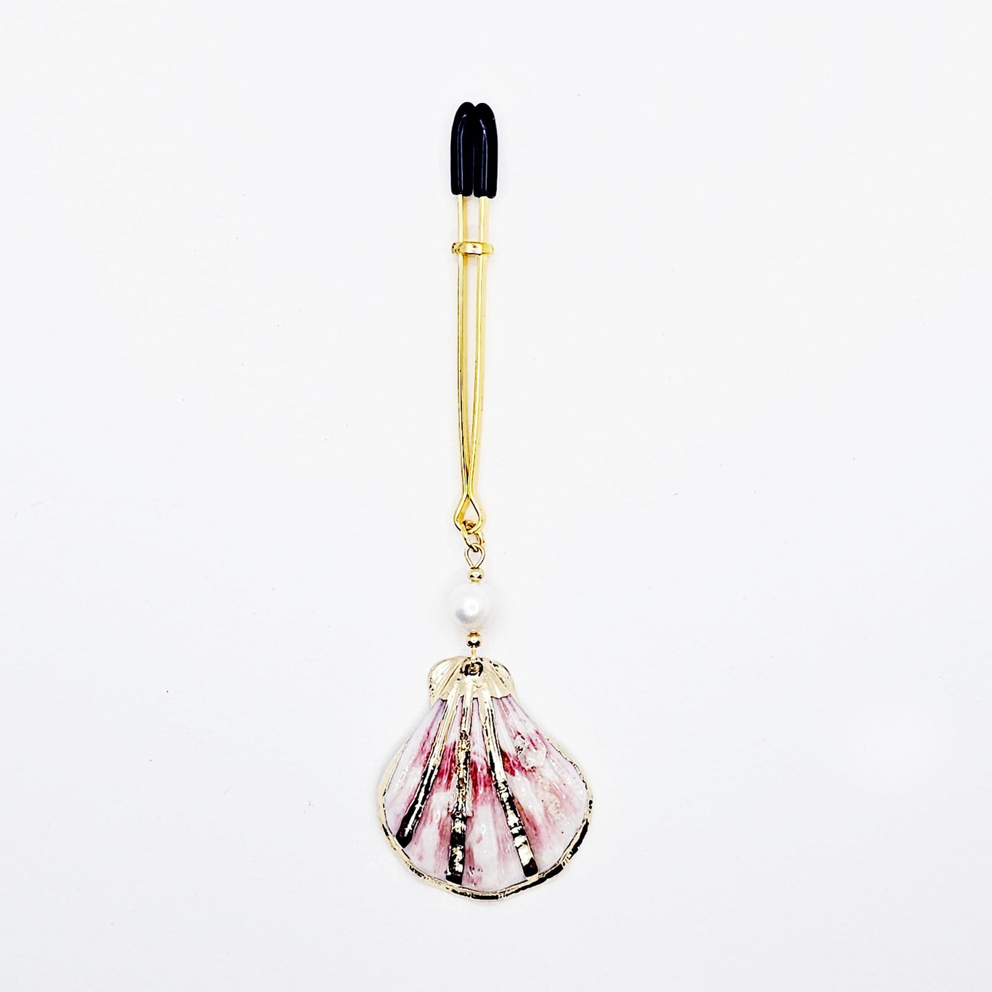 Gold Clit Clamp. Elegant Tweezer Clitoral Clamp with Seashell and Pearl Bead.