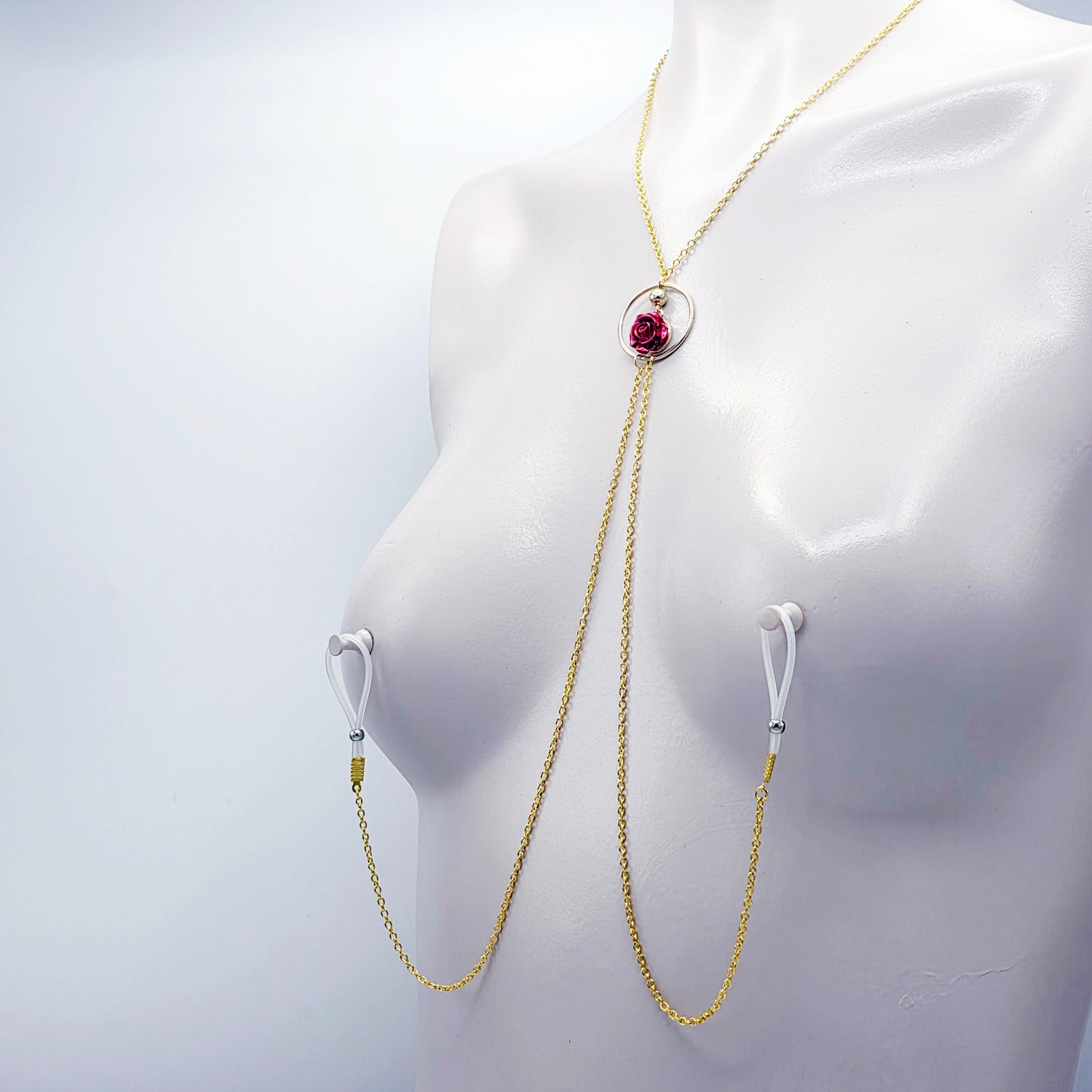 Necklace to Nipple, Gold, Circle, and Red Rose. Your Choice of Nipple Attachment