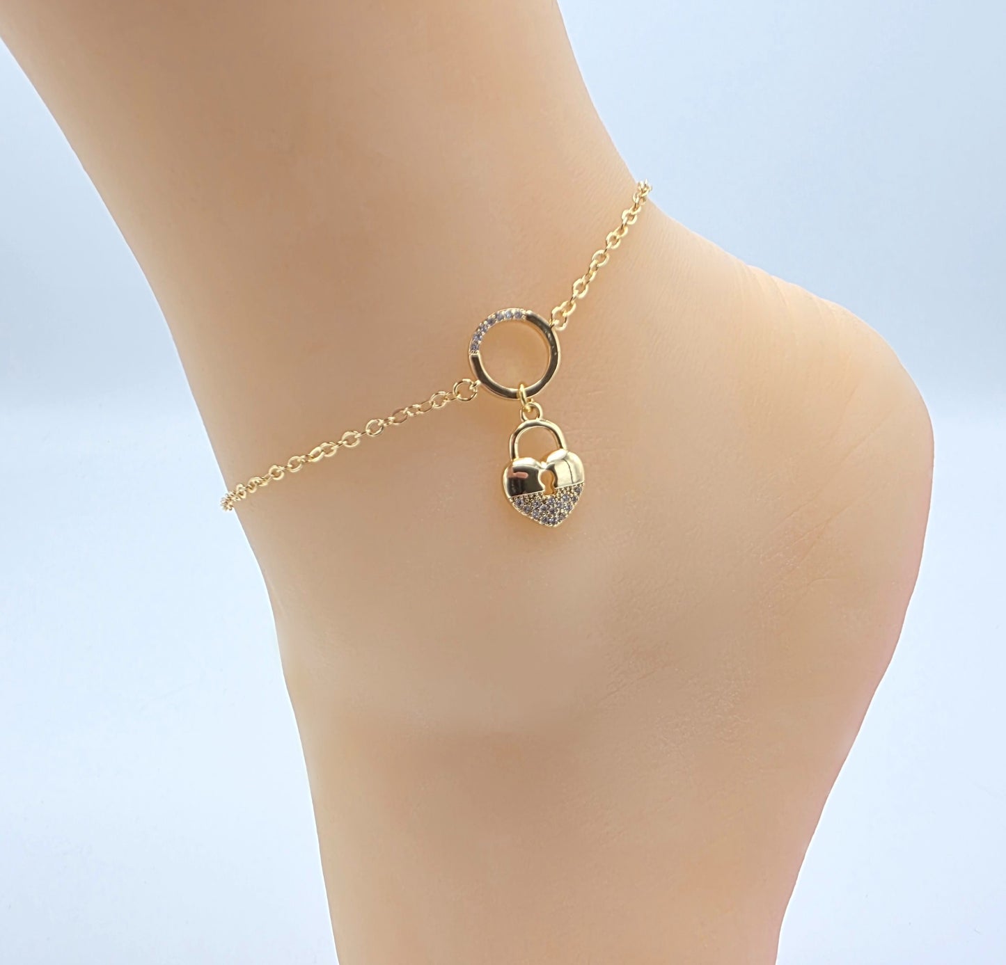Gold Submissive Anklet with CZ Heart Lock Pendant. 18K Gold BDSM Ankle Bracelet for Sub.