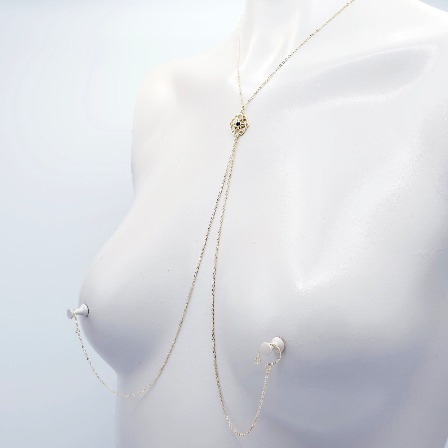 Necklace to Nipple, Real 18K Gold, with Non-Piercing Nipple Rings, Nooses, Clamps or with Your Nipple Jewelry.