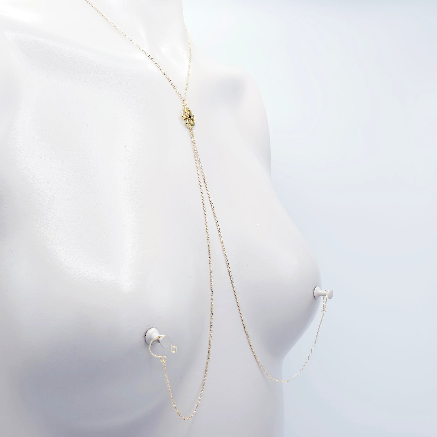 Necklace to Nipple, Real 18K Gold, with Non-Piercing Nipple Rings, Nooses, Clamps or with Your Nipple Jewelry.