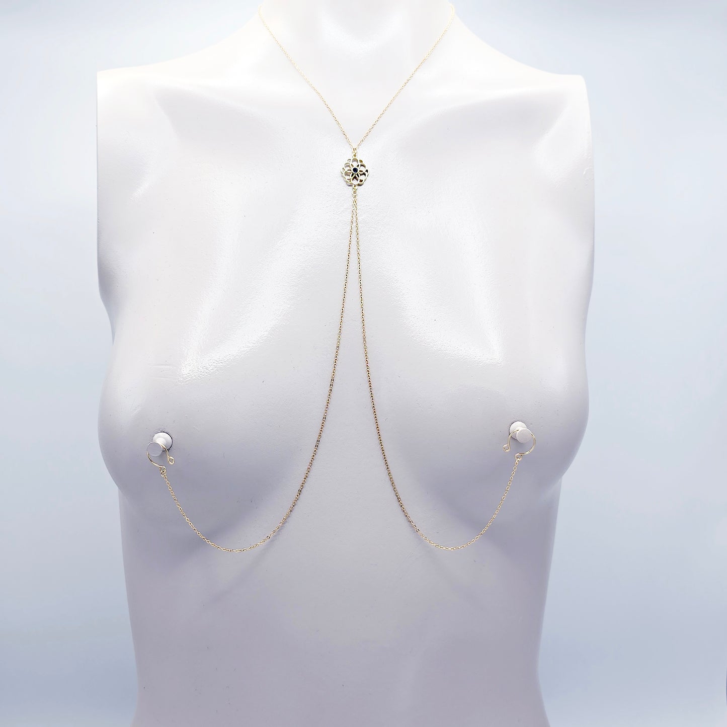 Necklace to Nipple, Real 18K Gold, with Non-Piercing Nipple Rings, Nooses, Clamps or with Your Nipple Jewelry.