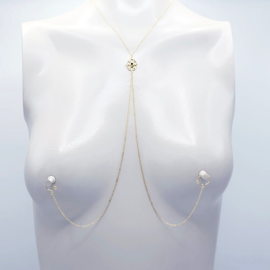 Necklace to Nipple, Real 18K Gold, with Non-Piercing Nipple Rings, Nooses, Clamps or with Your Nipple Jewelry.