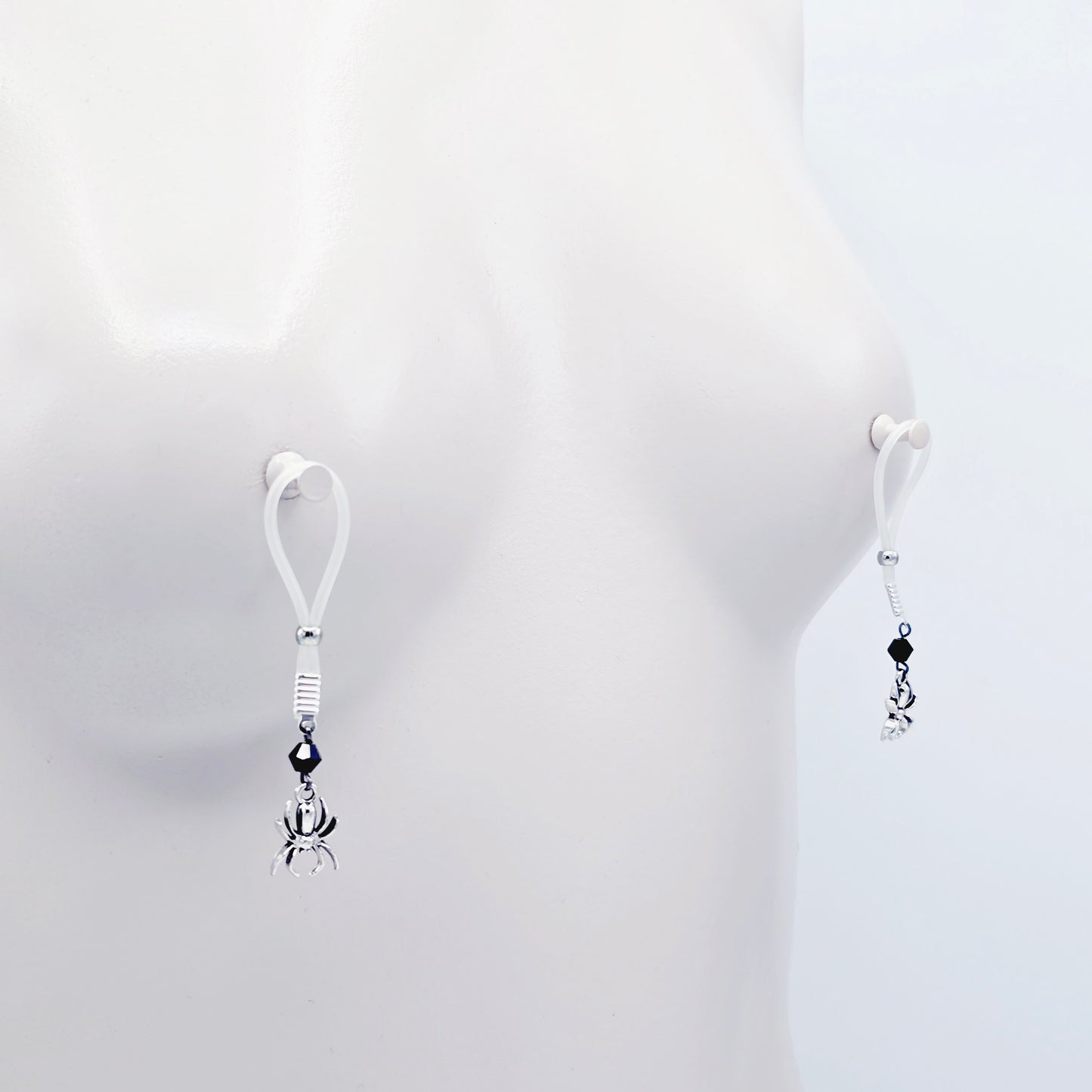 Spider Nipple Dangles with Black Crystals and Non-Piercing Nipple Nooses or Nipple Clamps.