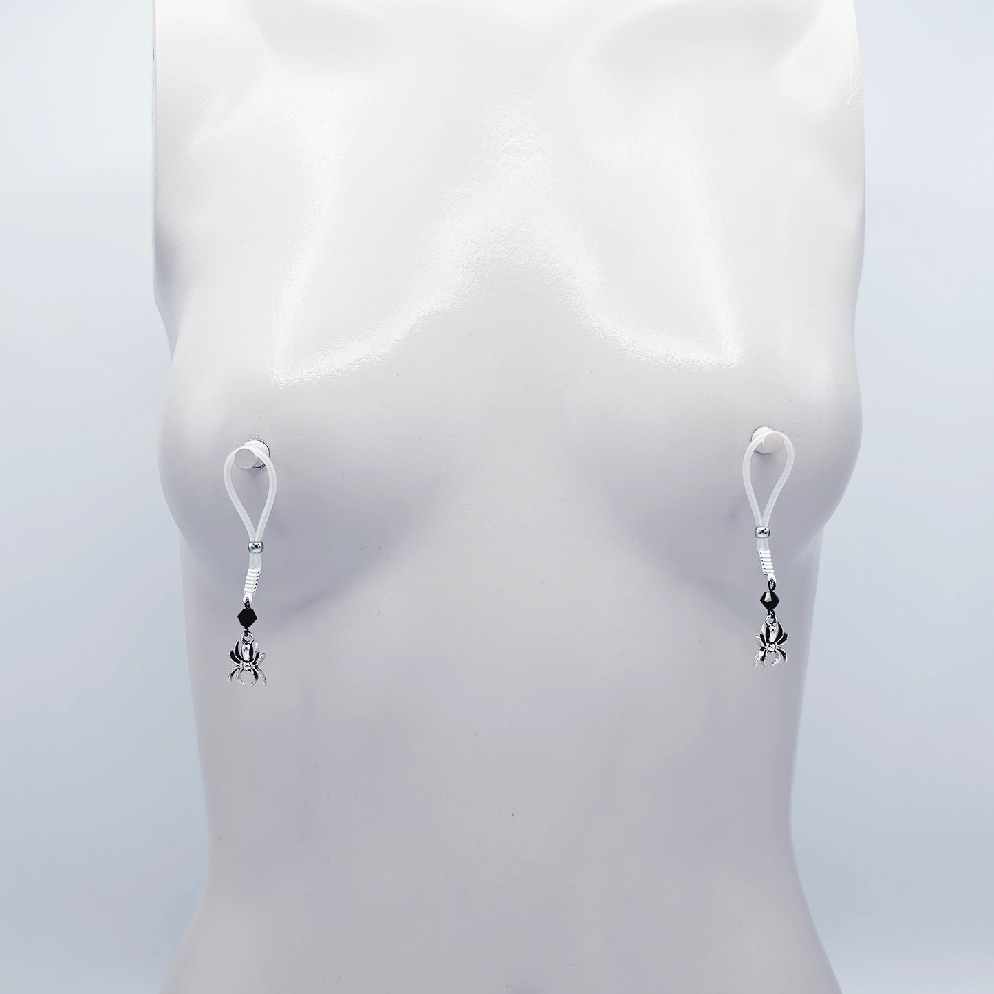 Spider Nipple Dangles with Black Crystals and Non-Piercing Nipple Nooses or Nipple Clamps.