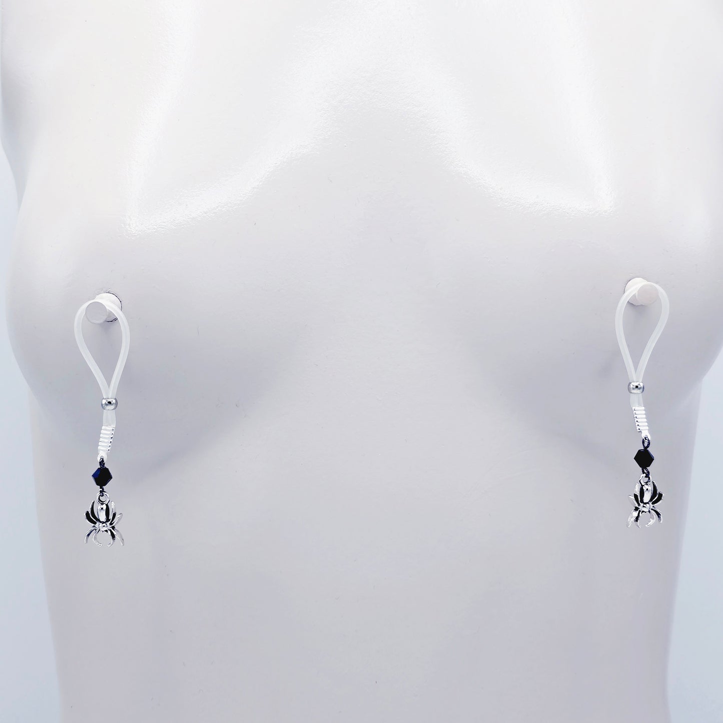 Spider Nipple Dangles with Black Crystals and Non-Piercing Nipple Nooses or Nipple Clamps.