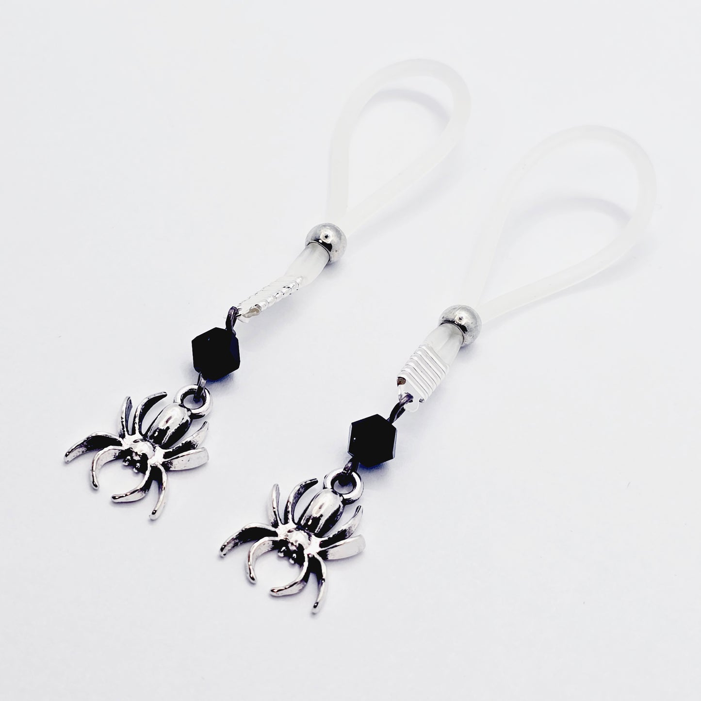 Spider Nipple Dangles with Black Crystals and Non-Piercing Nipple Nooses or Nipple Clamps.