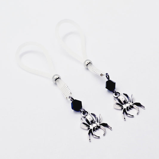 Spider Nipple Dangles with Black Crystals and Non-Piercing Nipple Nooses or Nipple Clamps.