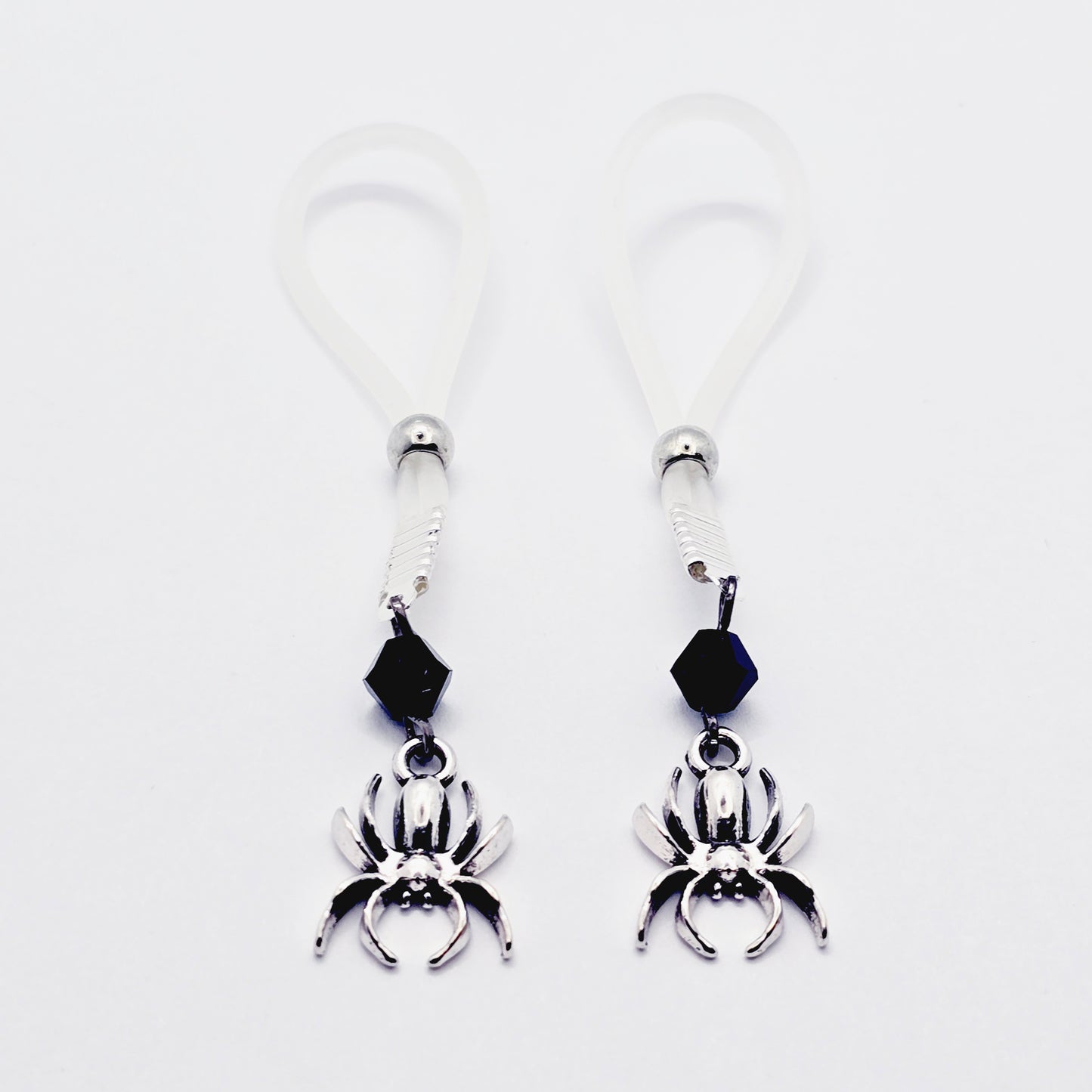 Spider Nipple Dangles with Black Crystals and Non-Piercing Nipple Nooses or Nipple Clamps.