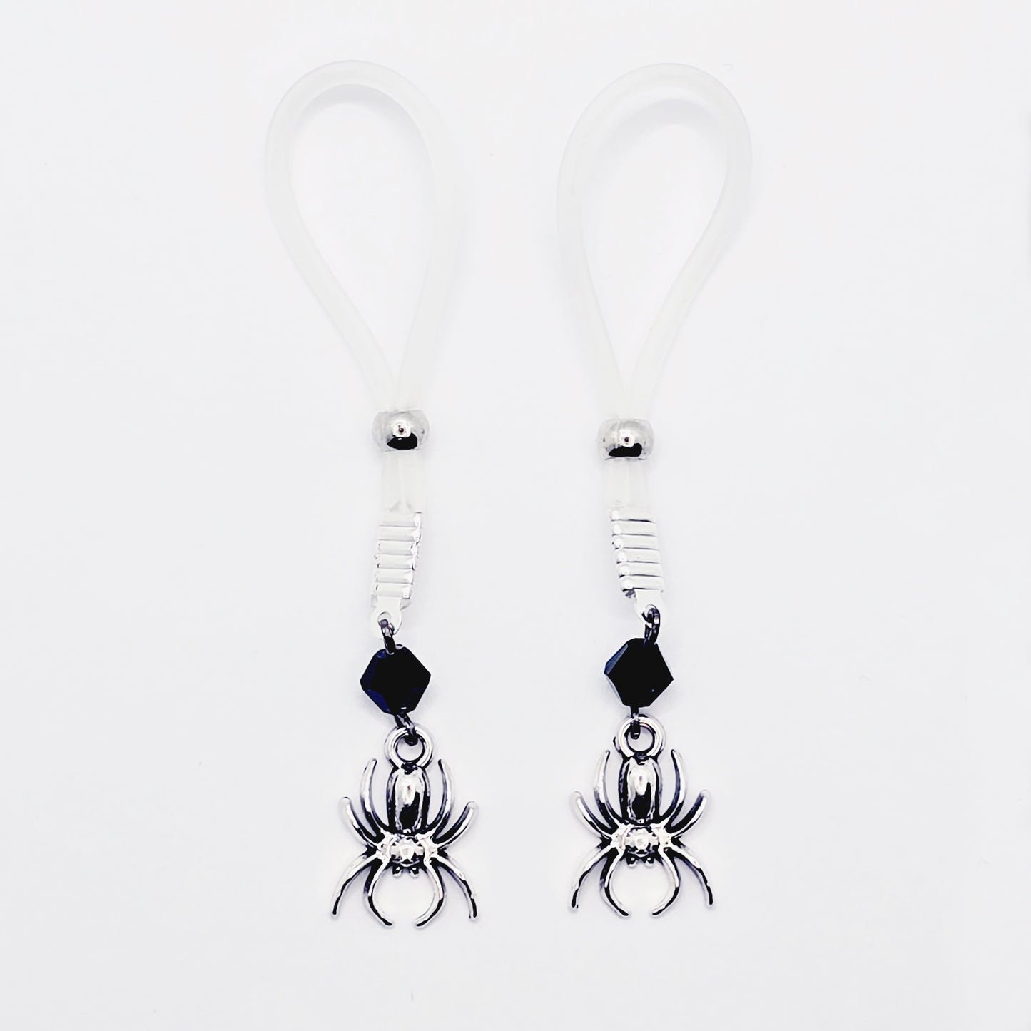 Spider Nipple Dangles with Black Crystals and Non-Piercing Nipple Nooses or Nipple Clamps.