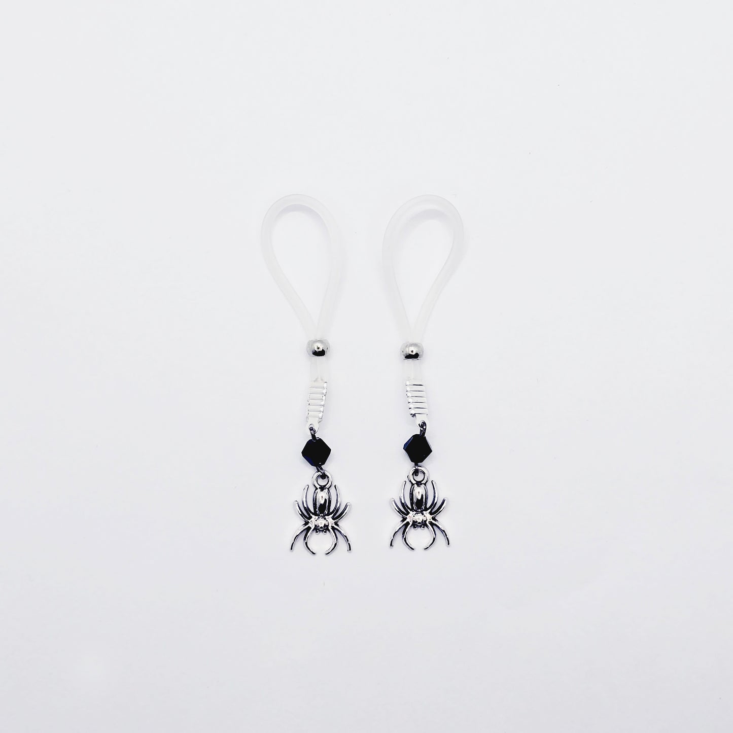 Spider Nipple Dangles with Black Crystals and Non-Piercing Nipple Nooses or Nipple Clamps.