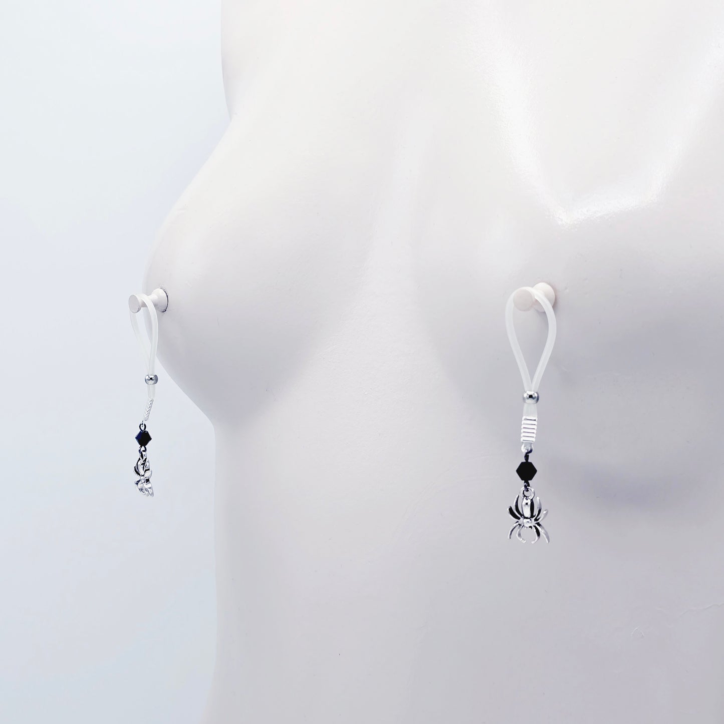 Spider Nipple Dangles with Black Crystals and Non-Piercing Nipple Nooses or Nipple Clamps.