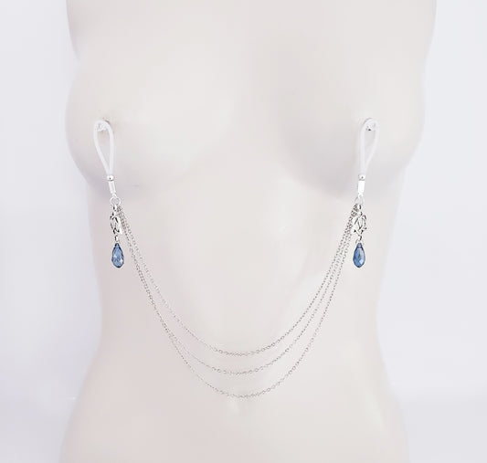 Non Piercing Nipple Chains and Clit Clamp Set with Triquetra Hearts and Crystal. Non Piercing, MATURE, BDSM