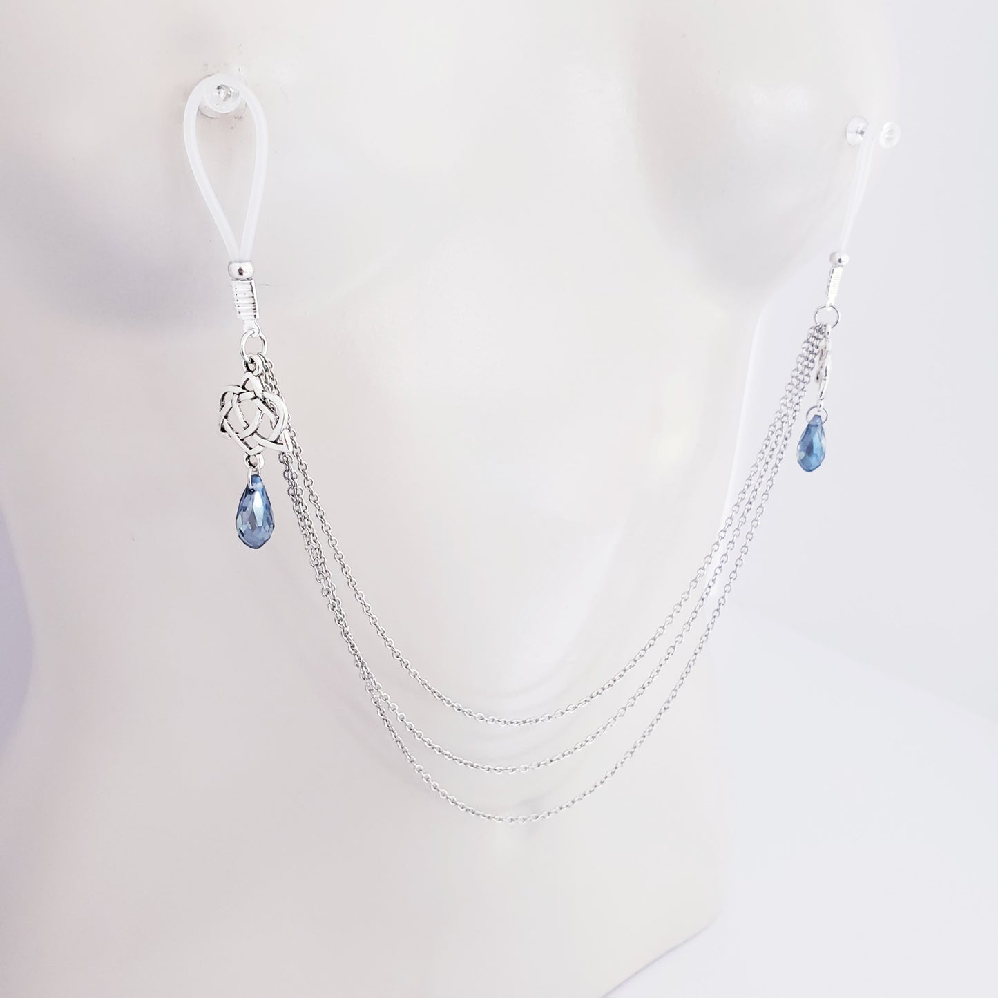 Non Piercing Nipple Chains and Clit Clamp Set with Triquetra Hearts and Crystal. Non Piercing, MATURE, BDSM