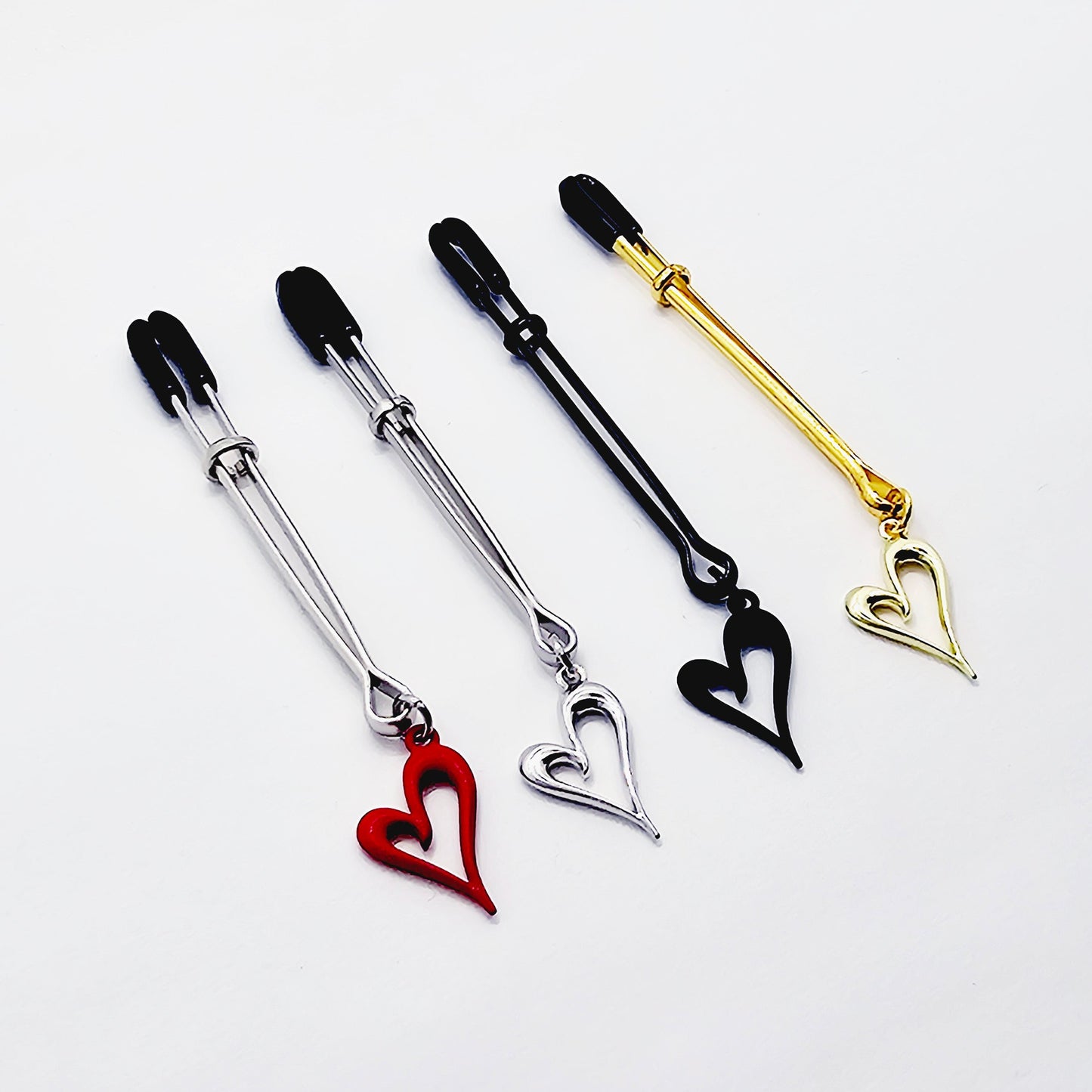 Clit Clamp, with Heart in Gold, Black, Red or Silver. Tweezer Clitoral Clamp.