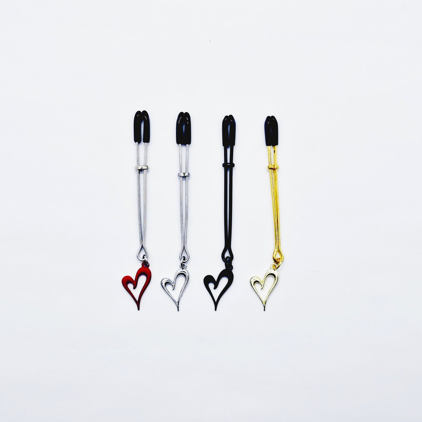 Clit Clamp, with Heart in Gold, Black, Red or Silver. Tweezer Clitoral Clamp.