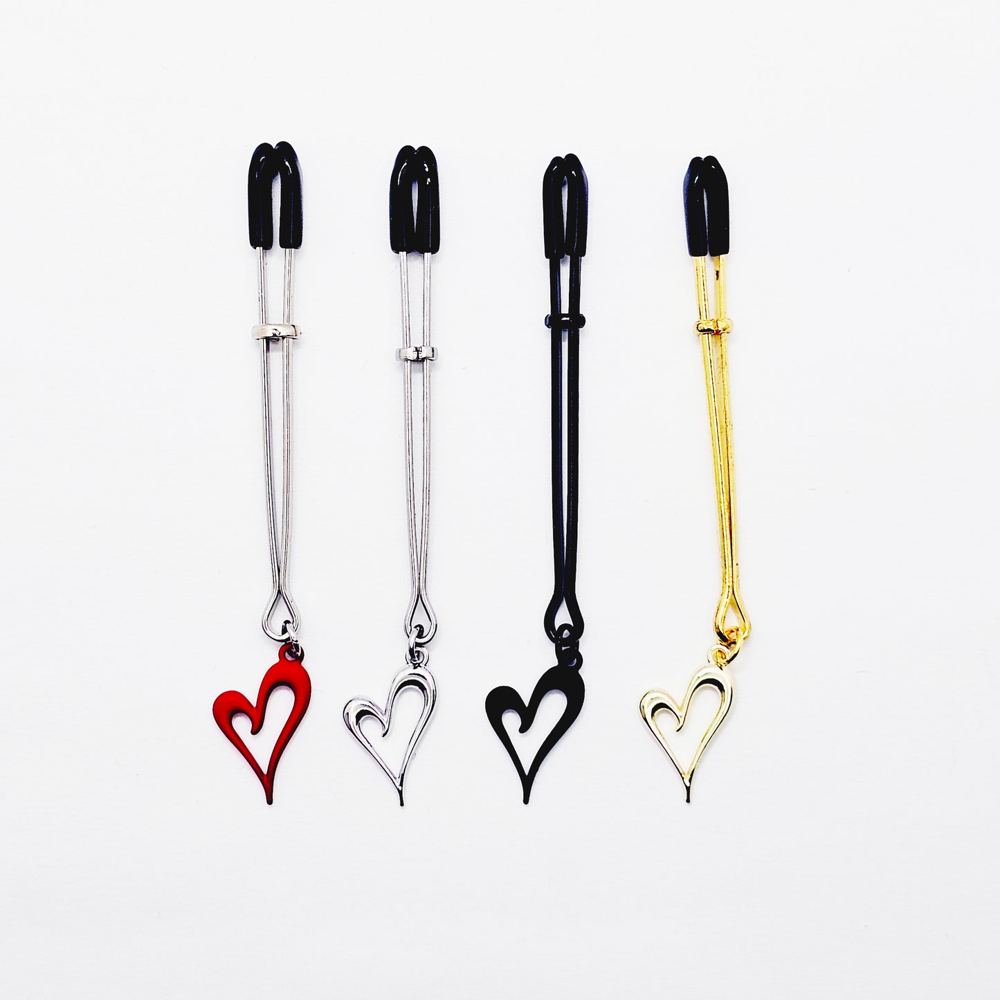 Clit Clamp, with Heart in Gold, Black, Red or Silver. Tweezer Clitoral Clamp.