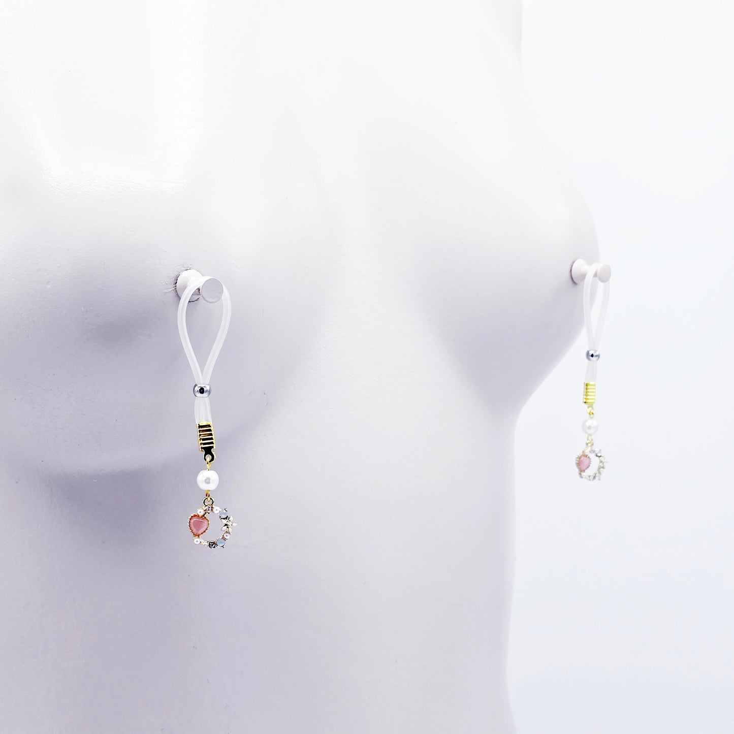 Fake Nipple Piercings. Sexy Heart and Pearl Nipple Dangles on Nipple Nooses or Clamps.