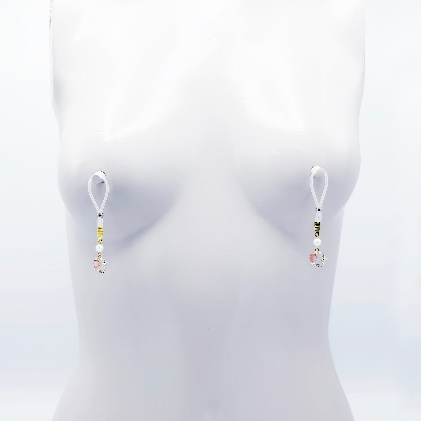 Fake Nipple Piercings. Sexy Heart and Pearl Nipple Dangles on Nipple Nooses or Clamps.