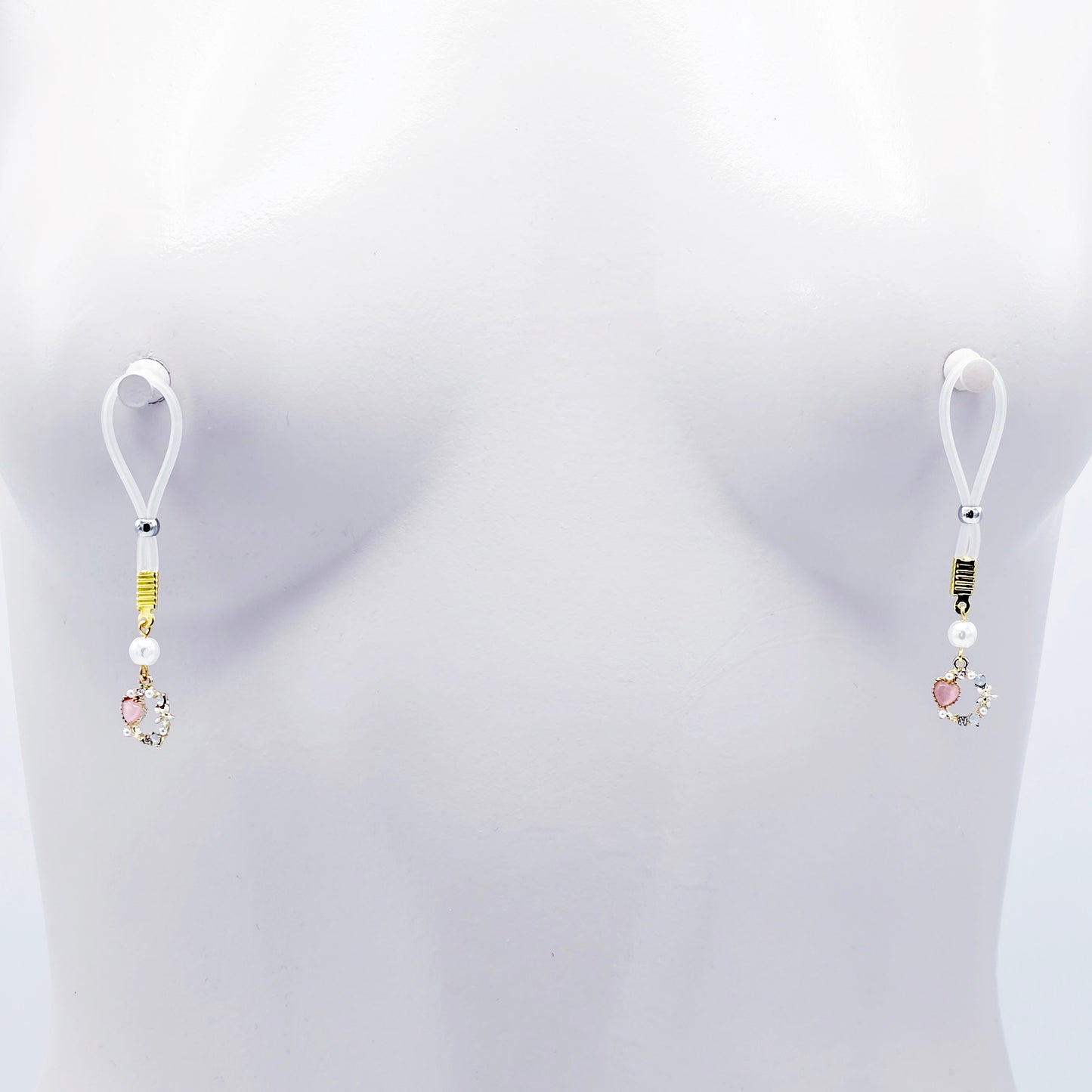 Fake Nipple Piercings. Sexy Heart and Pearl Nipple Dangles on Nipple Nooses or Clamps.