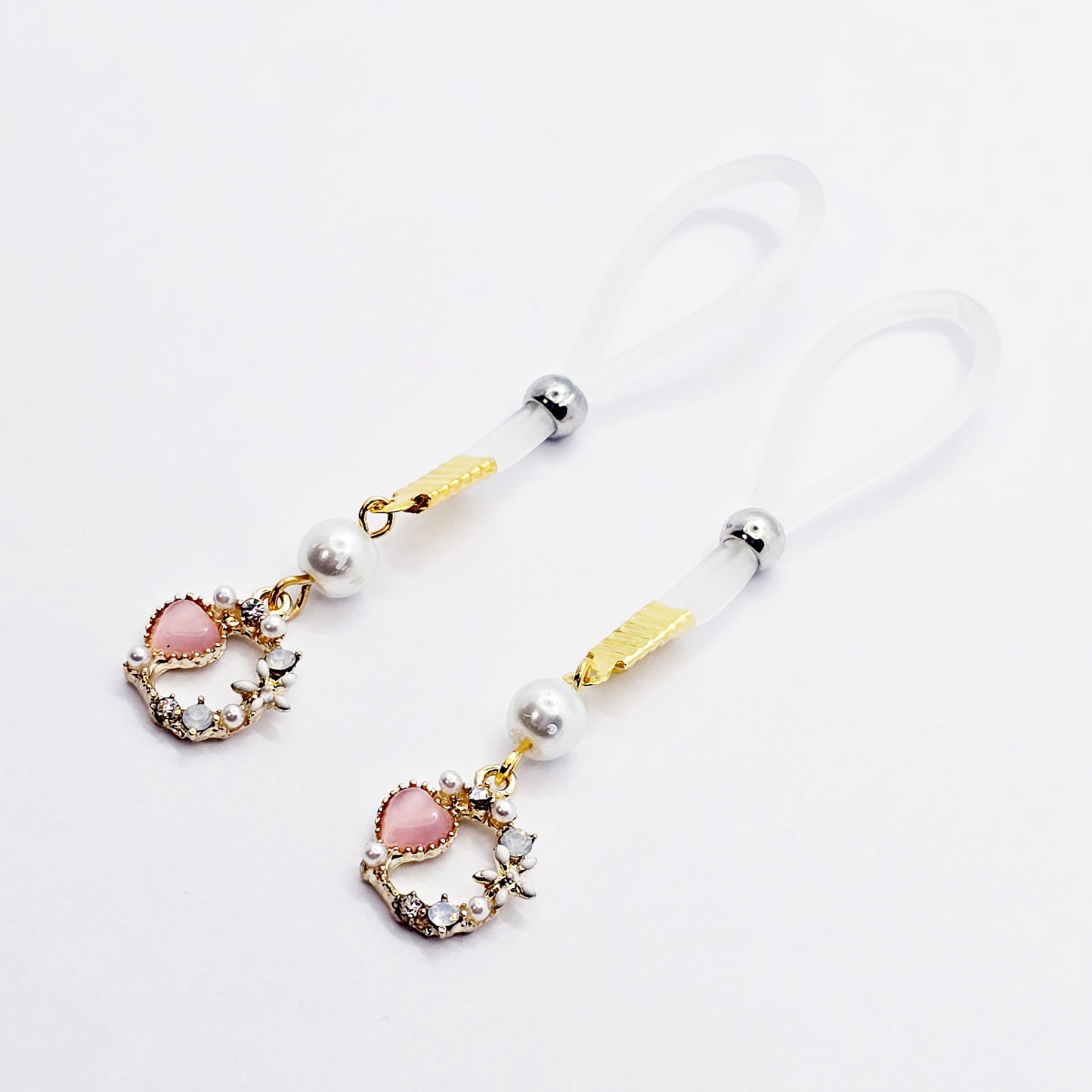 Fake Nipple Piercings. Sexy Heart and Pearl Nipple Dangles on Nipple Nooses or Clamps.