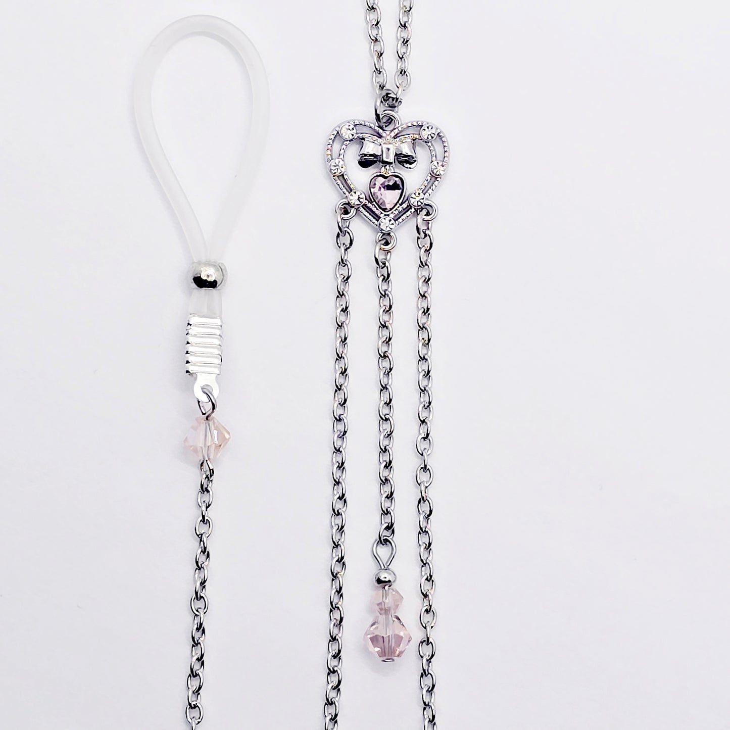 Sexy Necklace to Nipple with Heart Pendant and Pink Crystals with Nipple Chains. Your choice of attachment. Nooses, Clamps, or Other.