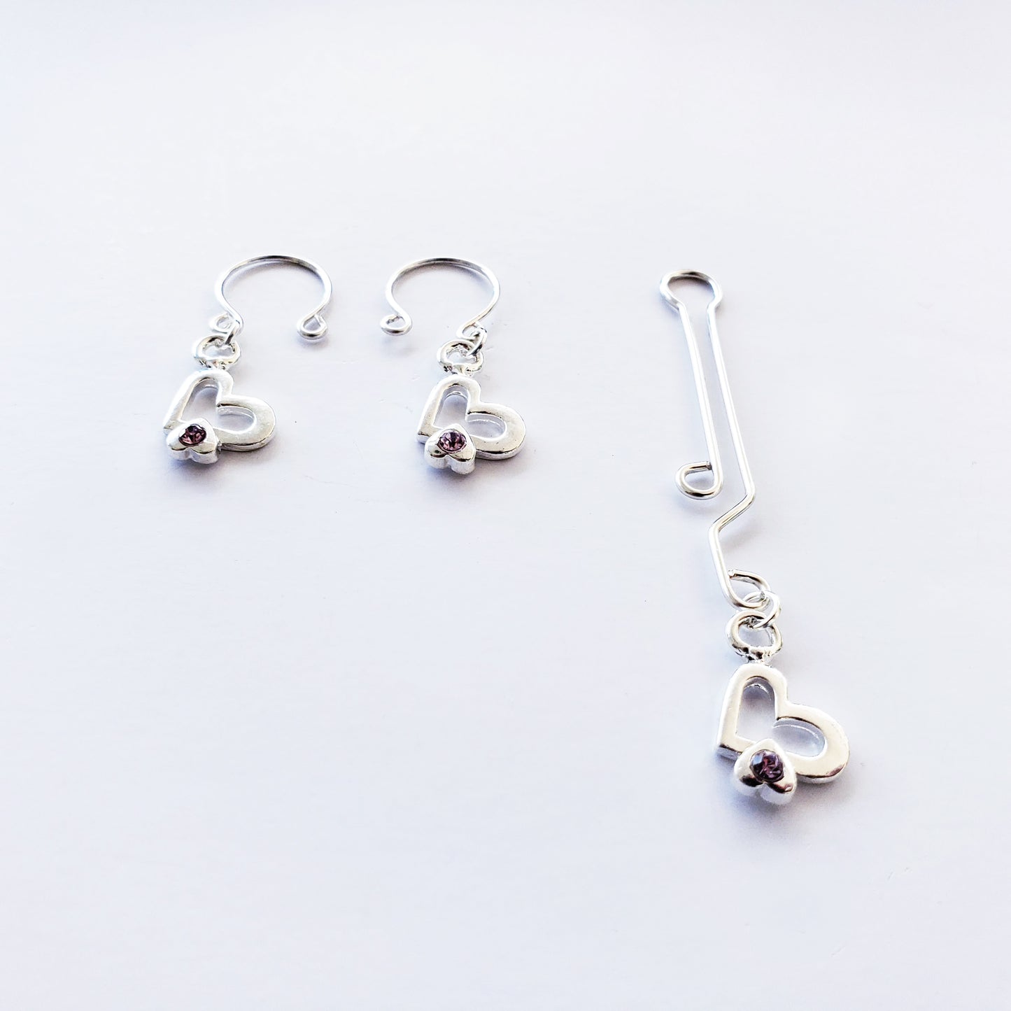 Non Piercing Nipple Rings and Labia Clip Intimate Jewelry Set with Heart and Pink Gem. MATURE. BDSM