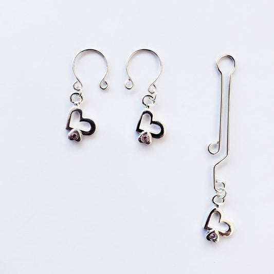 Non Piercing Nipple Rings and Labia Clip Intimate Jewelry Set with Heart and Pink Gem. MATURE. BDSM