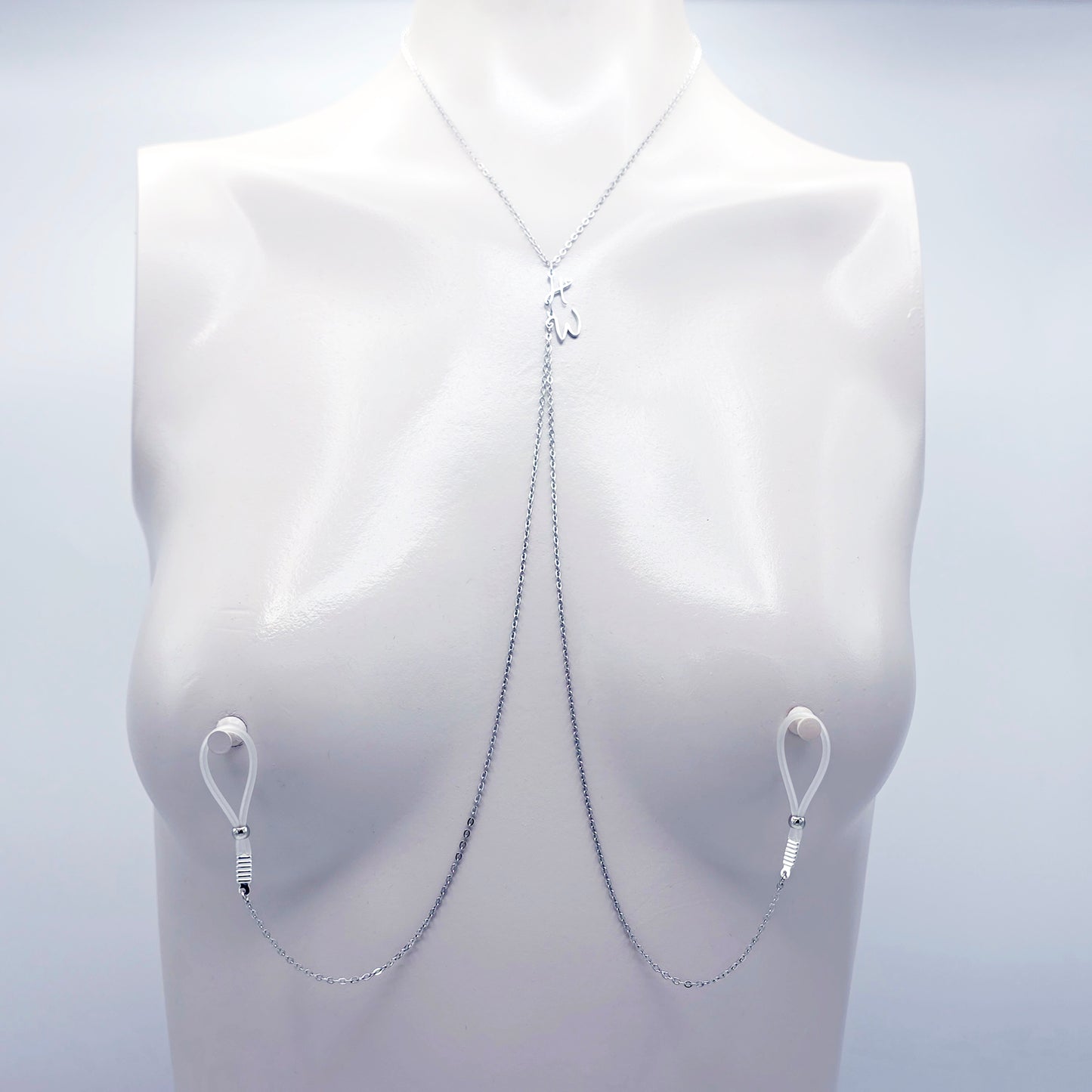 Hotwife Necklace to Nipple, Stainless Steel, with Non-Piercing Nipple Nooses or Clamps. Or use with Piercings.