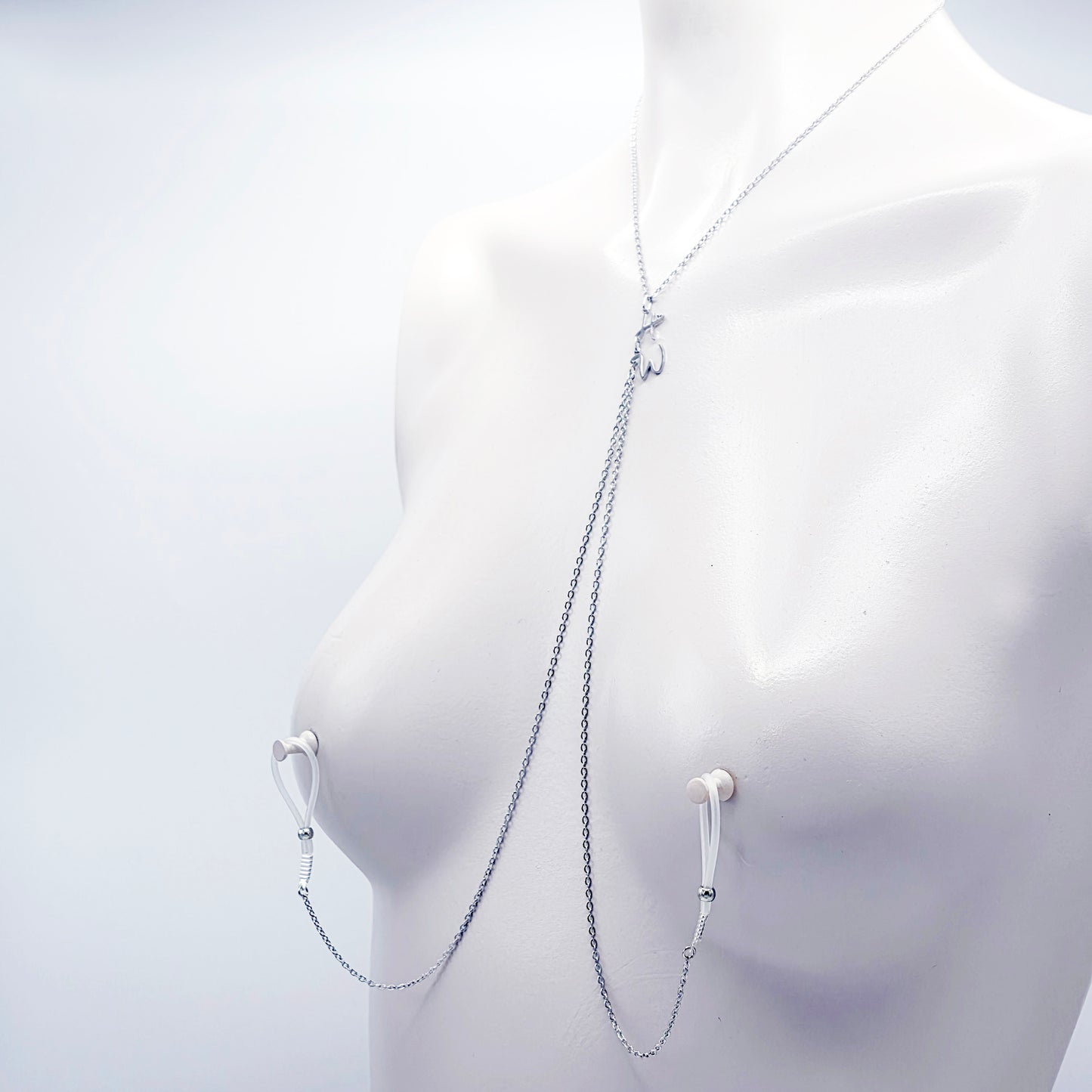 Hotwife Necklace to Nipple, Stainless Steel, with Non-Piercing Nipple Nooses or Clamps. Or use with Piercings.