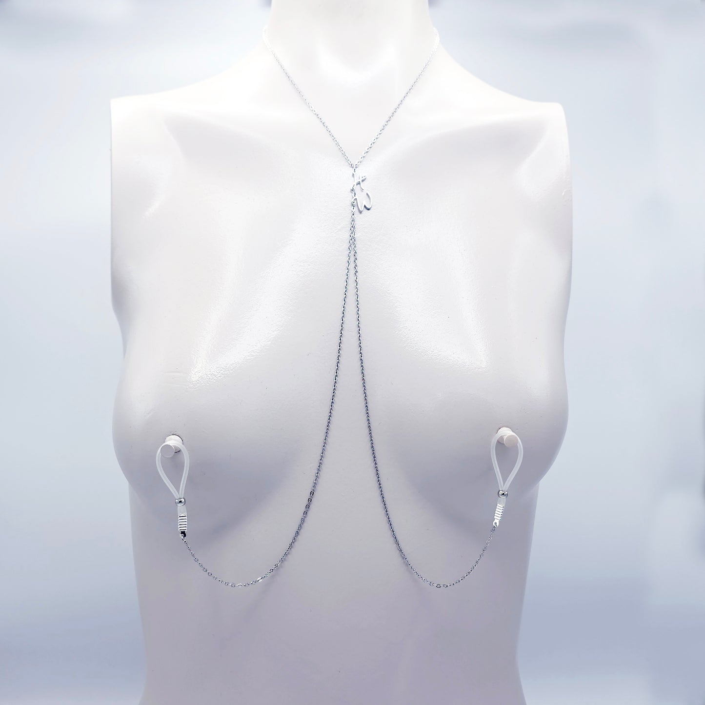 Hotwife Necklace to Nipple, Stainless Steel, with Non-Piercing Nipple Nooses or Clamps. Or use with Piercings.