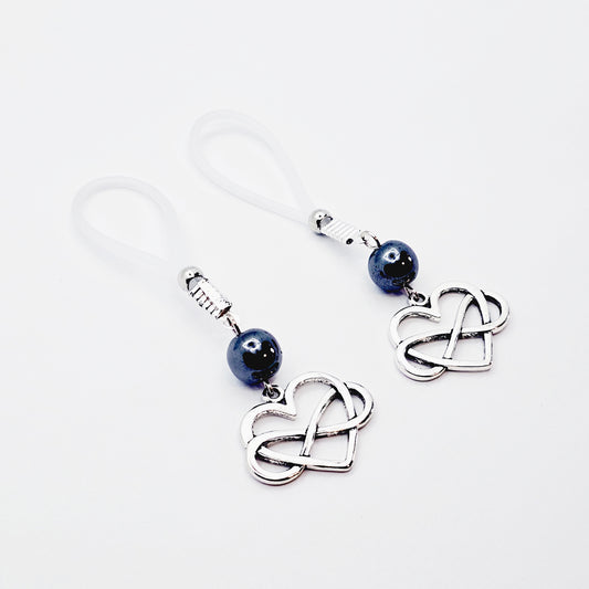 Polyamorous Infinity Heart and Hematite Nipple Dangles. Choose Soft Nooses or Nipple Clamps. BDSM