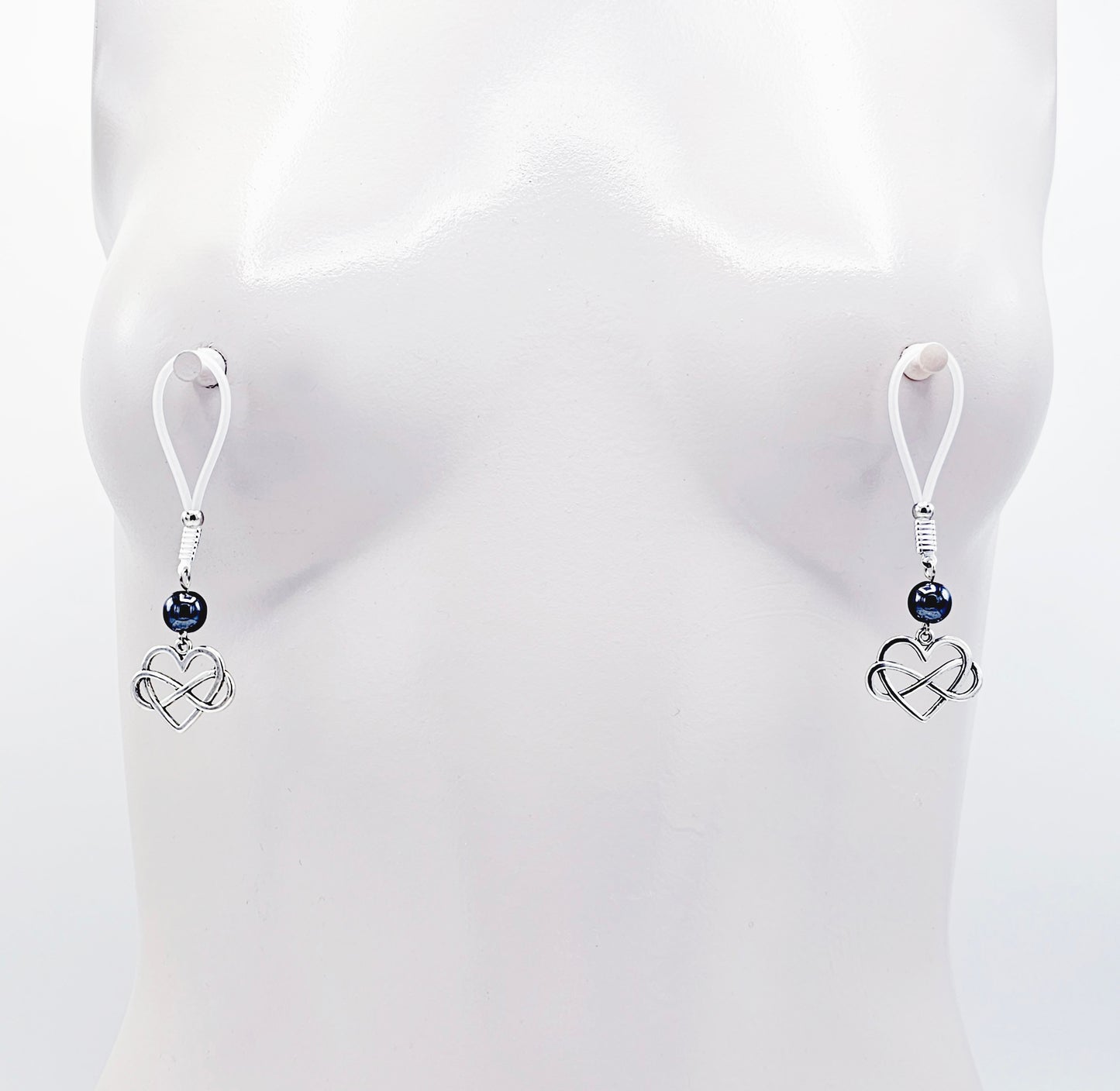 Polyamorous Infinity Heart and Hematite Nipple Dangles. Choose Soft Nooses or Nipple Clamps. BDSM