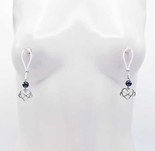 Polyamorous Infinity Heart and Hematite Nipple Dangles. Choose Soft Nooses or Nipple Clamps. BDSM