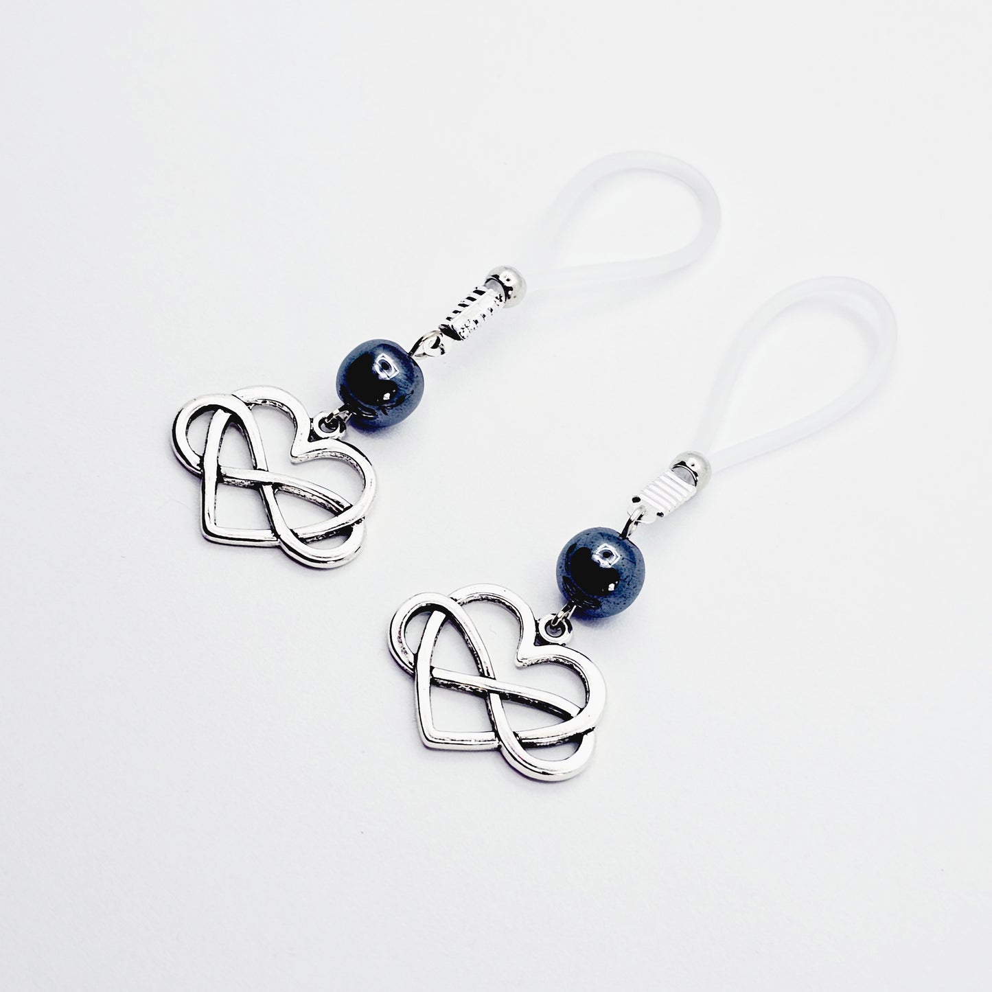 Polyamorous Infinity Heart and Hematite Nipple Dangles. Choose Soft Nooses or Nipple Clamps. BDSM