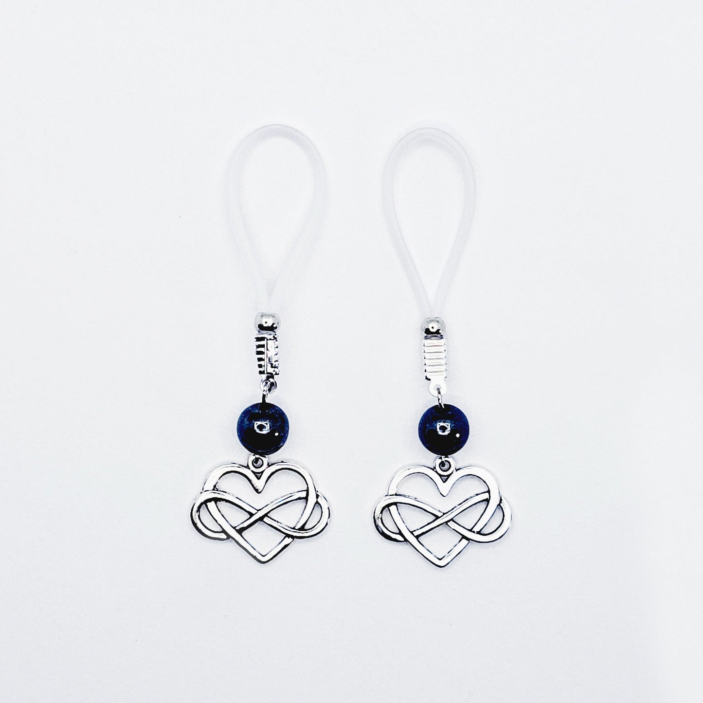 Polyamorous Infinity Heart and Hematite Nipple Dangles. Choose Soft Nooses or Nipple Clamps. BDSM