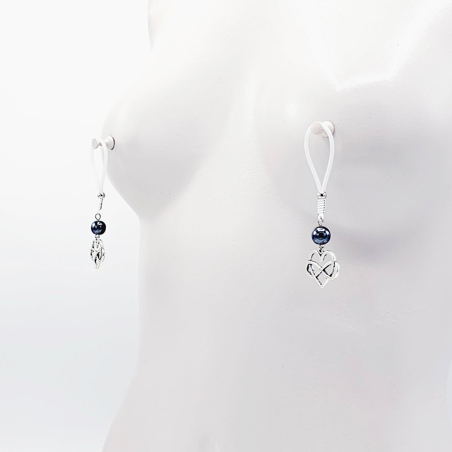 Polyamorous Infinity Heart and Hematite Nipple Dangles. Choose Soft Nooses or Nipple Clamps. BDSM