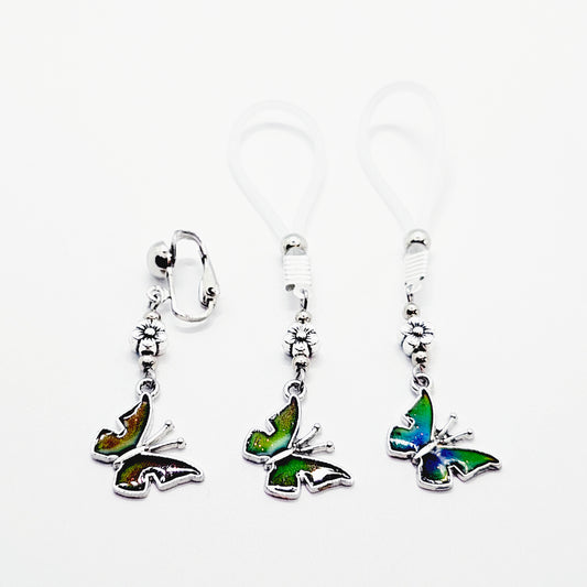 Nipple and Clit Intimate Jewelry Set, Non Piercing, with Color Changing Butterflies. Nipple Nooses or Clamps.