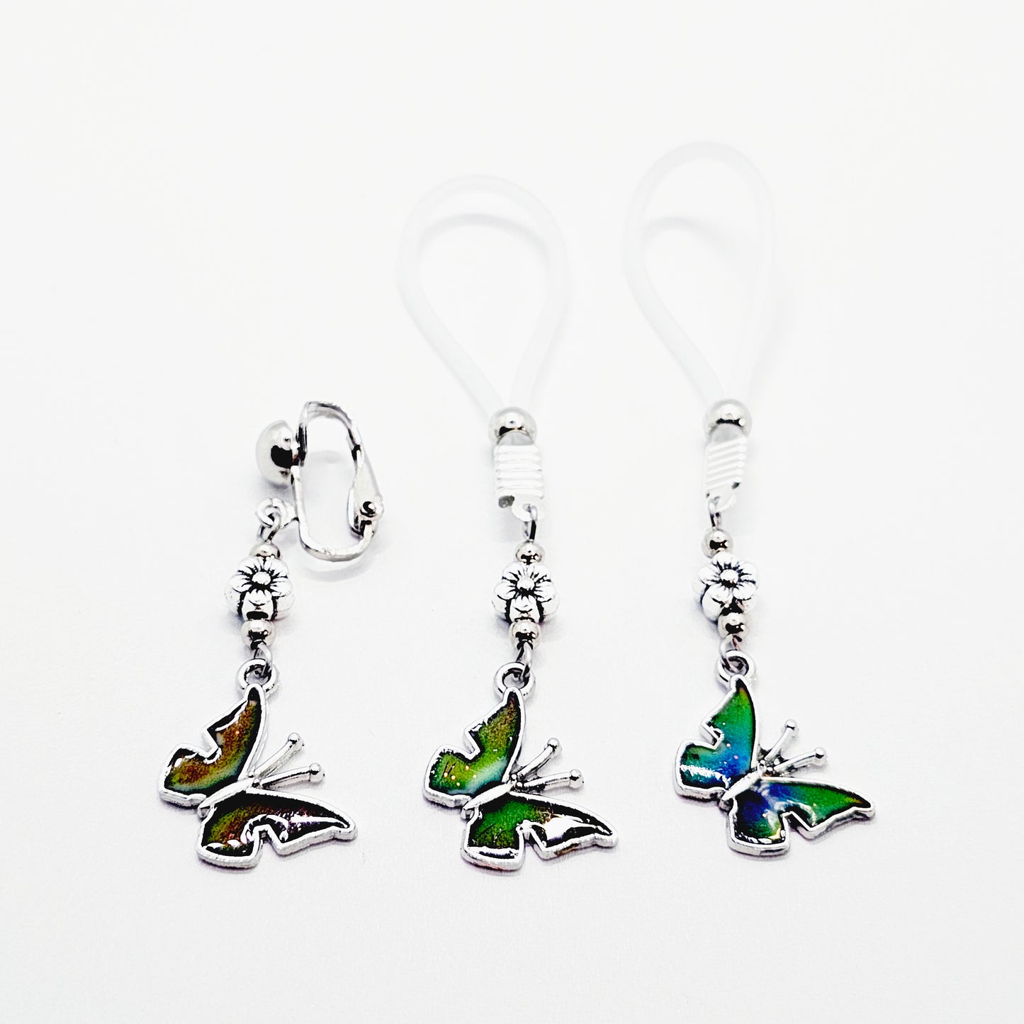 Nipple and Clit Intimate Jewelry Set, Non Piercing, with Color Changing Butterflies. Nipple Nooses or Clamps.