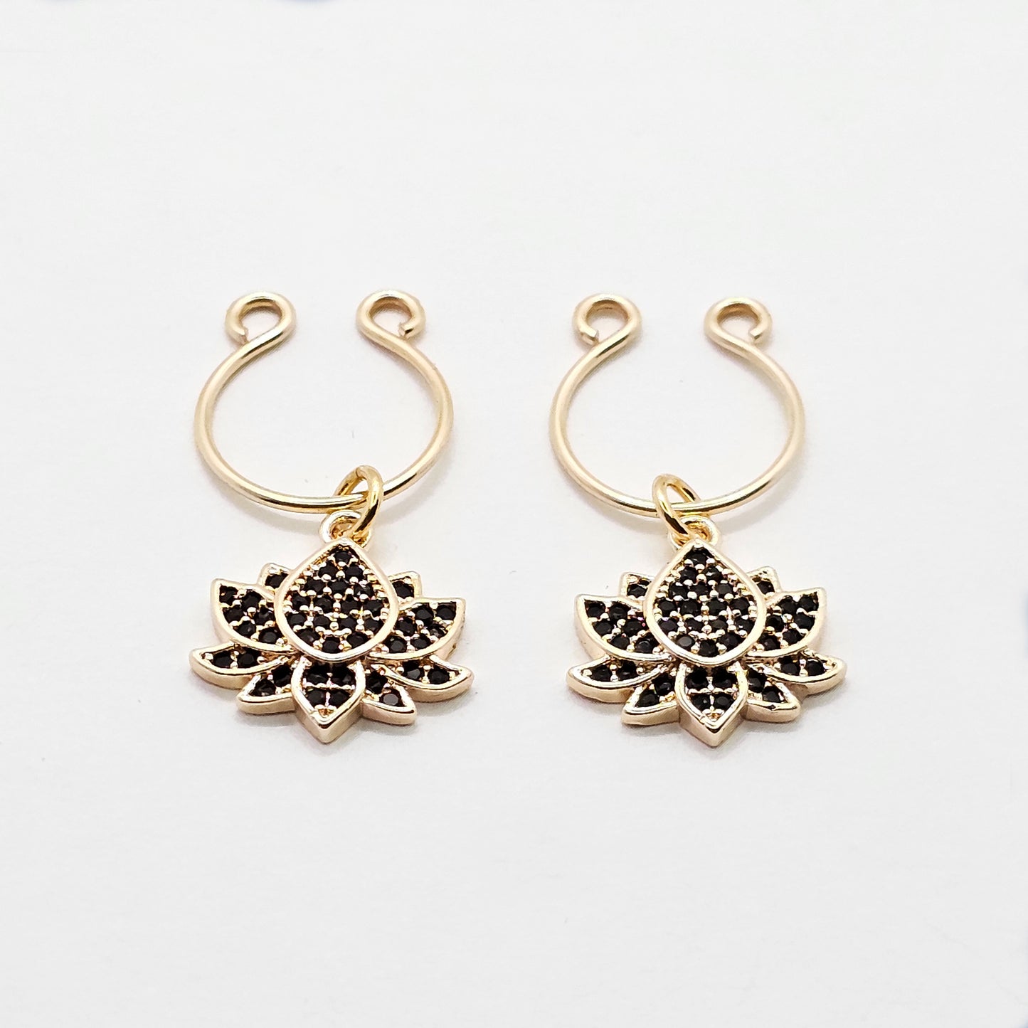 Non Piercing Nipple Rings with Sparkling 18K Gold or Platinum Lotus Flowers. Set of 2. Fake Nipple Rings