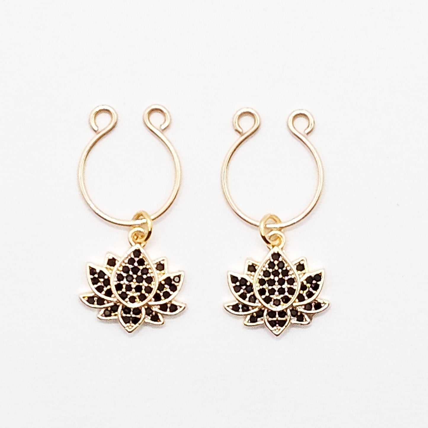 Non Piercing Nipple Rings with Sparkling 18K Gold or Platinum Lotus Flowers. Set of 2. Fake Nipple Rings