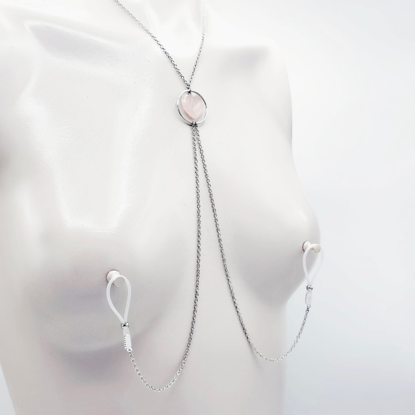 Necklace to Nipple with Real Crystal Heart, Circle of O. Non Piercing Nipple Nooses or Nipple Clamps.