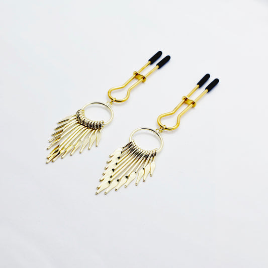 Straight Tweezer Nipple Clamps, Gold, with Dangles.