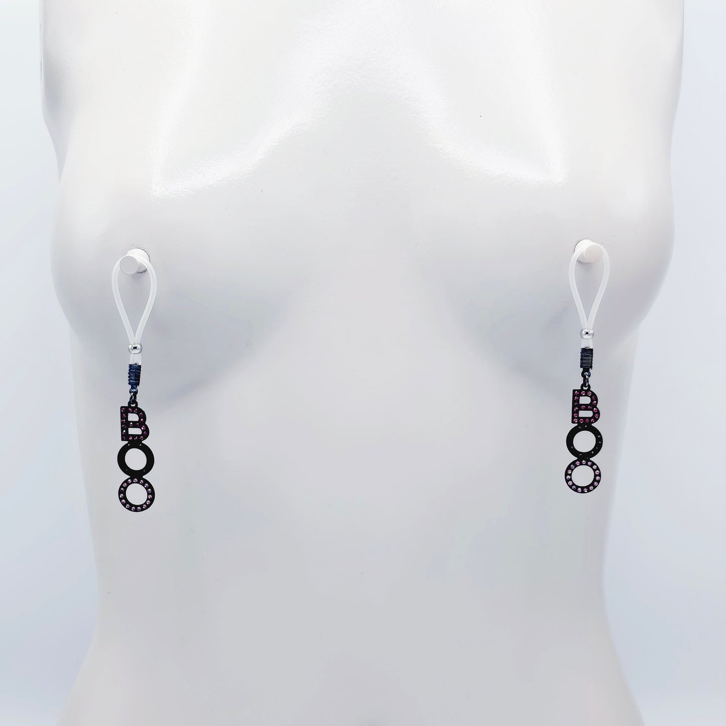 BOO Nipple Nooses for Halloween and Beyond. Pink and Black Pendants on Non-Piercing Nipple Nooses or Your Choice of Nipple Clamps.